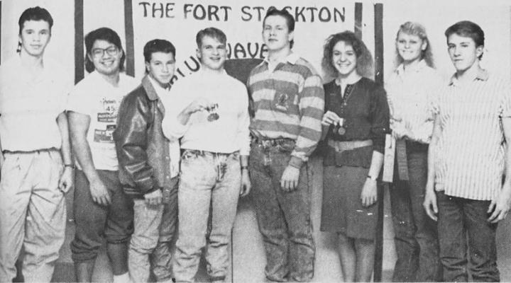 DECEMBER 1988-BLUE WAVE SWIMMERS winning medals at last weekend’s Carlsbad meet were (from left) Brantley Pena, Jose Castrejon, John Hayter, Josh Berry, Forest Barnette, Christy Card, Cathleen Pritchard and Roy Faulkenberry.