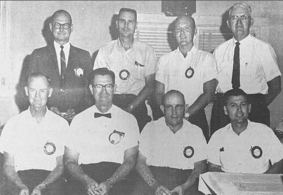Nine Fort Stockton Lions Club members received perfect attendance awards at a noon luncheon last week. Present to receive their awards were, front row (L-R) G.L. Ray, E.F. Triplett, Howard Colson Sr., and Delmon Hodges. Back row, Walter Buenger, L.V. Arnett, Michael Walling and Paul Counts. Albert D’Andrea was not present to receive his award.