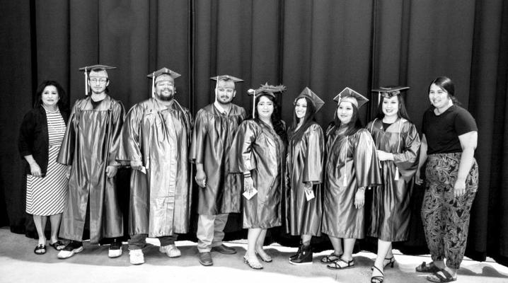 GED graduates from left to right: Patrick Pina, Antonio Vasquez, Victor Leija, Randi Medina, Cassandra Moreno, and Iris Reyes. Patricia Rodriguez, WRTTC - Adult Education Coordinator and Online Instructor Vanessa Santana are also pictured. Courtesy photo