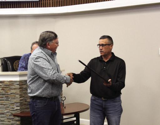 Charles Slater, who is retiring after 35 years of service with the Fort Stockton Volunteer Fire Department, was honored at the city council meeting on Monday. Photo by Joh Covington