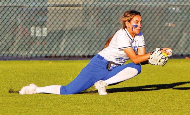 Fort Stockton sophomore Ivanna Ortiz slides for one of her three extraordinary catches on the day against Monahans on March 15 at home. Photos by Nathan Heuer