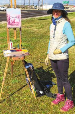 Youngblood had a full painter’s setup out in the grass of the Chamber of Commerce last Monday. Standing across the street from Paisano Pete, the artist painted her adaptation of Fort Stockton’s beloved giant roadrunner. Photo by Jeremy Gonzalez