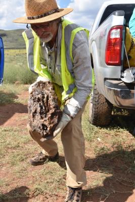 Showing off the find of the day, rockhound Fred Hall drove from Boulder, Cool., to look for large, quality agates at the Kokernot o6 Ranch with Take A Hike. Photo by Shawna Graves