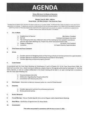 FSISD Special School Board Meeting Agenda - June 21