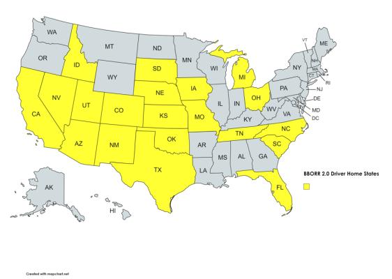 Drivers from 20 states outside of Texas will compete in this weekend’s Big Bend Open Road Race 2.0. Pictured is a map that shows (in white) where Saturday’s drivers reside at across the country.