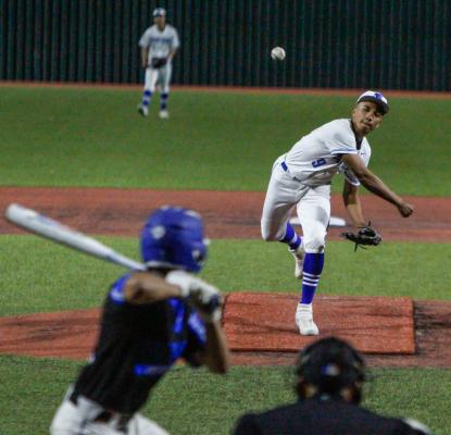 Fort Stockton’s A.J. Garcia throws a pitch during the fourth inning of Tuesday’s season-opening contest against Presidio. Garcia struck out three batters and tallied one walk in 19 pitches in his one inning appearance