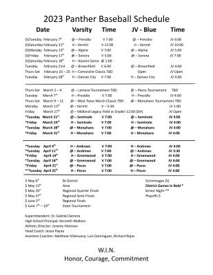 Varsity, JV Blue Baseball Schedule
