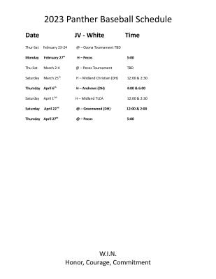 Junior White Varsity Baseball Schedule