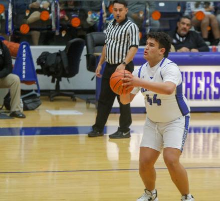 Fort Stockton senior Cruz Rojas lines up a 3-point shot during the Panthers season final against Pecos on Feb. 15 at the Special Events Center.