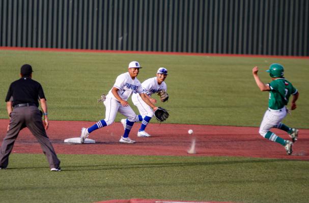 Fort Stockton shortstop Daren Ureste (7) attempts field a pickoff throw from the Panthers catcher while being backed up by second baseman Devon Rodriguez during a steal attempt on April 6 against Monahans