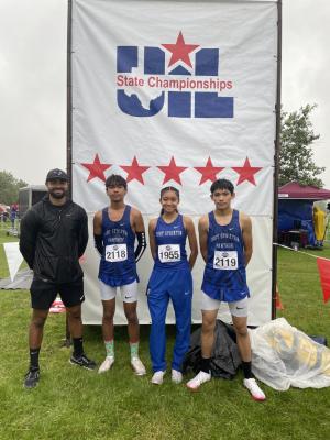 Pictured at the state cross country meet in Round Rock on Nov. 4 is, from left to right: head coach Sergio Guardiola, Fabian Perez, Ali Jackson, Juan Vela. Courtesy Photo