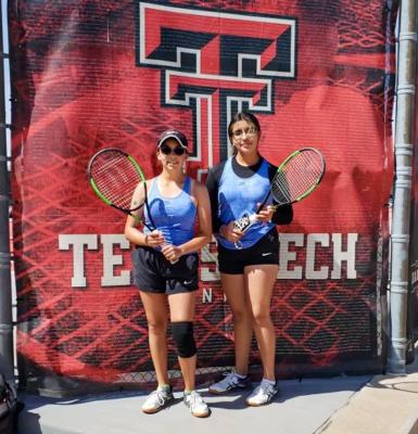 Athena Gomez, left, and Jaslyn Pacheco, right, are pictured after their victory in the first round of the Class 4A regional tournament in Lubbock on April 14. Courtesy Photo