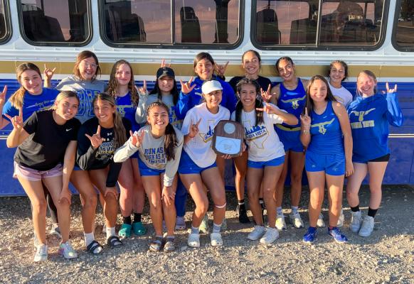Pictured is the Buena Vista girls track team with their district championship plaque on March 31 at Rankin High School. The Lady Longhorns had 12 girls accumulate points for their team by placing in the top six. Courtesy Photo
