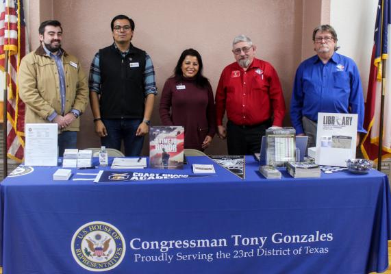 Numerous members of Congressman Tony Gonzales’ staff and those with veterans entities in the state/area were on hand to help local veterans. Pictured from left to right: Marshal Hoak, Staff Assistant of Gonzales, Jalen Falcon Regional District Director for Gonzales, Dolly Schultz, Mike Jaeger, Gary Ivy, Northwest District Manager for the Texas Veterans Commission. Photo by Nathan Heuer