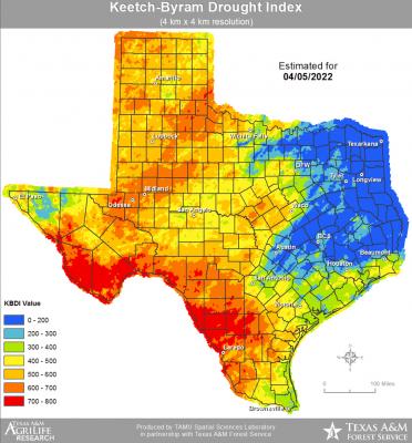 Pictured is the Keetch-Byram Drought map that represents the fire potential across the state of Texas. Courtesy Photo