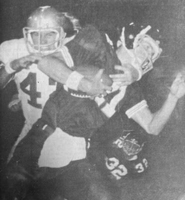 October 1973 issue: GAYLORD GRABS PONY – Looking ferocious as all get out, Panther punter and split end Gaylord Gilbreath wraps a big arm around Andrews Mustangs quarterback Jimmy Christian Friday night during the Panther victory there. This was a key play, in which Gilbreath had punted. In the picture above, he was hauling Christian down on the FSHS five-yard line. The Mustangs were then held by the battling Panther line for two downs; then scored their only touchdown of the night on a third down pass play