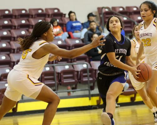 Fort Stockton guard Yvette Lopez drives the lane during the Prowlers season-opening win at Kermit on Nov. 5. Lopez tallied four points for the varsity squad during their contest versus the Lions on Tuesday. Photo by Shawn Yorks