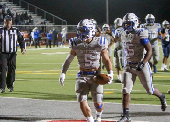 Fort Stockton running back Corbin Luna (5) celebrates after scoring a touchdown in the first half of Friday’s game against Mountain View. Photo by Nathan Heuer