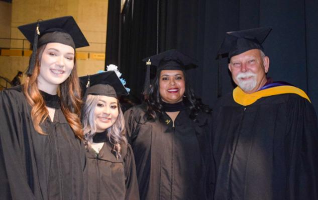 Associates Degree graduates take a moment backstage with WRTTC Director, Matt Tarpley, right. Pictured from left: Chloe Crenshaw, Joselyn Elias, Rita Rodriguez.
