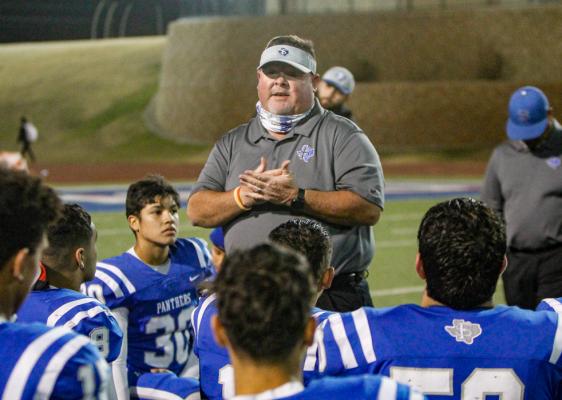 Panthers head football coach Mike Peters spoke to his team after Fort Stockton’s second round playoff contest against Dumas on Nov. 19. Peters finished his sixth season as head coach of the program this past fall. Photo by Nathan Heuer