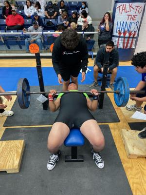 Fort Stockton’s Andrew Gonzales attempts a 245-pound bench press during Saturday’s Fort Stockton Power Classic at the Special Events Center.