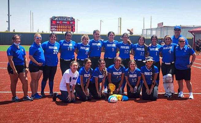 The Fort Stockton softball team gathered for a group photo with their bi-district championship trophy on April 30 in Van Horn. Courtesy Photo