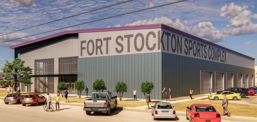 Pictured is the exterior rendering of Fort Stockton’s potential new recreation facility provided by Parkhill. The recreation board noted at their regular meeting on March 16 that the roof would be royal blue to represent Fort Stockton colors and that there is only one slide up door necessary on the side of the building for equipment to be brought in. Courtesy Photo