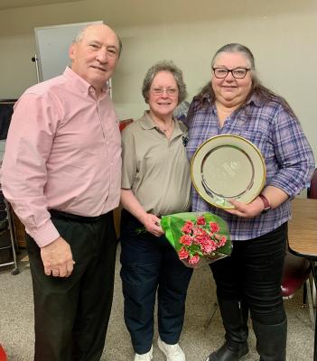 The Pecos County Dinner Tonight cooking club honored two members with yearly awards at their last meeting earlier this month. Frances Armstrong was chosen for the Program of the Year. She is pictured with Karan Heffelfinger, Texas A&M AgriLife Extension Service, and Kirby Warnock, Chairman of Pecos County Dinner Tonight.