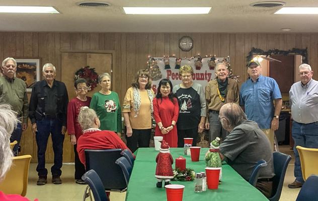 Senior center members gathered for their annual Christmas luncheon last month. Pictured from left to right: Pecos County Judge Joe Shuster, Alonzo Martinez, Delores Perkins, Anna Weathers, Diann Warnock, Maria Gilbert, Shirley Smetak, Paul Webb, Kirby Warnock, commissioner Tom Chapman. Courtesy Photo