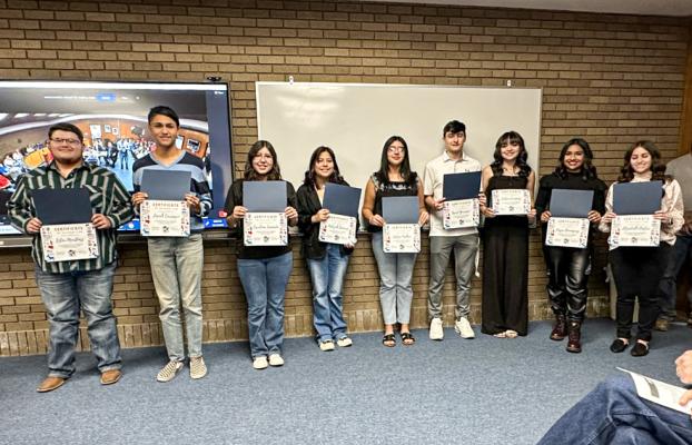  Students recognized that passed an election training exam and worked at polling locations were, from left to right: Ector Martinez, Josiah Carrasco, Carolina Sauceda, Aaliyah Ramierz, Jaslyn Pacheco, Asael Guerrero, Leilani Enriquez, Daeja Dominguez, Elizabeth Bislar. Not pictured is Leslie Flores.