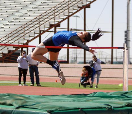 Fort Stockton’s Malyna Morales competes in the high jump at the Sandhills Relays at Monahans High School on Friday, March 5. Morales placed second in the event. 