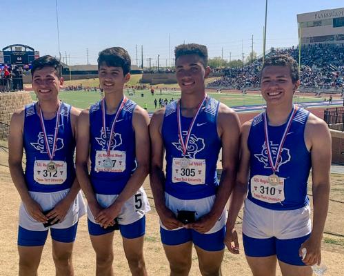 The Panthers 800 relay team posing for a photo at the regional track meet at Texas Tech University in Lubbock. From left to right: Miguel Trejo, Aryan Hernandez, A.J. Garcia, Eliazar Lopez. 