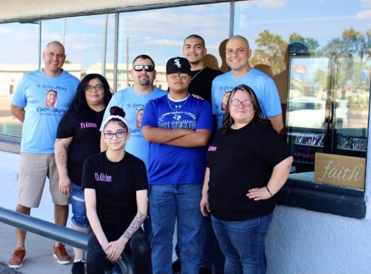 The V's kitchen staff from left to right: Derral Robledo, Lorena Fierro, Nana Lujan (bottom), Owner Vincent Ramirez, Gabriel Murphy, Jerral Robledo Jr. Jerral Robledo and Genevieve Melendez. 