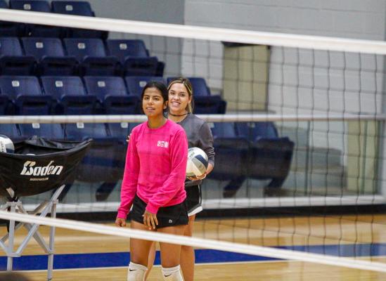 Fort Stockton first-year head coach Gabrielle Harral and junior setter Eliana Mata are pictured at the Prowlers practice a week ago. Mata played a large role in Harral getting her first win as the head of the Fort Stockton volleyball program. Mata tallied 21 assists in two outings on Tuesday. Photo by Nathan Heuer