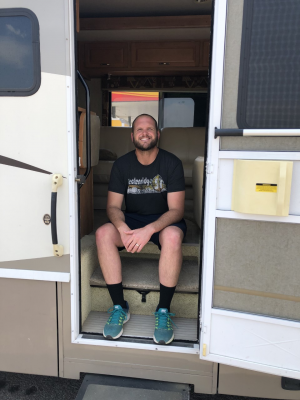 A traveler named Mike was a happy camper sitting in his new camper on Tuesday. Seated on the steps, he had just retrieved the RV in Houston and was taking a break in Fort Stockton. Photo by Jeremy Gonzalez