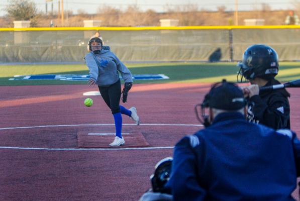 Prowler freshman pitcher Kriselda Porras hurls a pitch during Fort Stockton scrimmage against Lamesa on Feb. 7. Porras made her first official start on Tuesday against the Blue Devils. Photo By Nathan Heuer