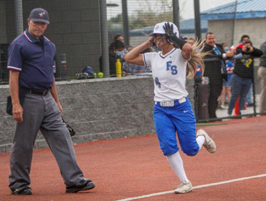 Yadira Hernandez celebrates as she comes down third baseline after hitting a home run that ended the game against Pecos on April 19 at home. The dinger secured the 11-1 run rule victory and a playoff spot for the Prowlers.