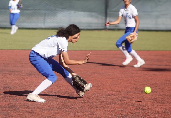 Prowler shortstop Dmya Vaughn hauls in a ground ball and ensued by throwing a runner out at first base during Fort Stockton’s win against Seminole at home on April 11. Photo by Nathan Heuer