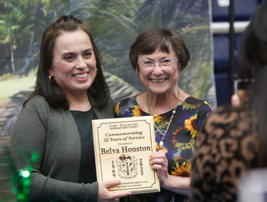 Fort Stockton’s longest tenured teacher, Belva Houston, was given a custom made plaque for her 52 years of Service at the Fort Stockton Independent School District at Monday’s annual staff recognition banquet. Pictured with Houston is Alamo Principal Linda Chavez, who presented the award to her. The plaque also represented Houston’s retirement. Photo by Nathan Heuer