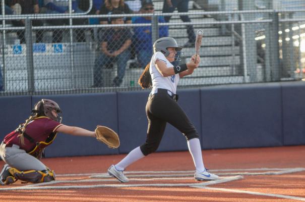 Fort Stockton freshman Mia Garcia slaps out one of her four hits against Kermit on Feb. 22 on the Prowlers home field. The underclassman is pacing Fort Stockton at the plate this season with 11 hits over the last eight games. Photo by Nathan Heuer