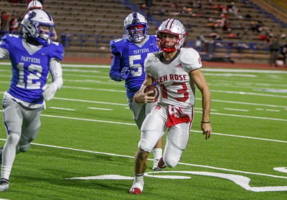 Glen Rose senior quarterback Hudson White (13) tallied eight touchdowns in the first half before his day was day at San Angelo Stadium on Nov. 17 against Fort Stockton. Photo by Nathan Heuer