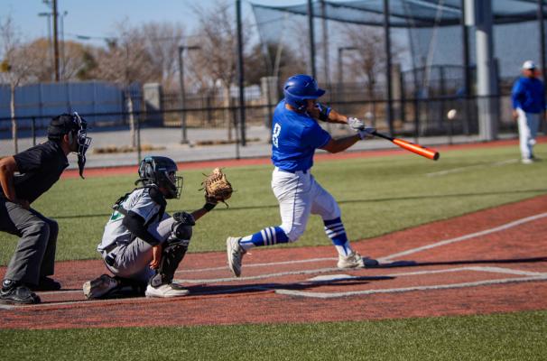 Fort Stockton junior Jaydrien Ramirez connects with a pitch for a single during Tuesday's home game versus Da Vinci. Ramirez finished the game with one triple, a run, an RBI, and a walk. Photo by Nathan Heuer