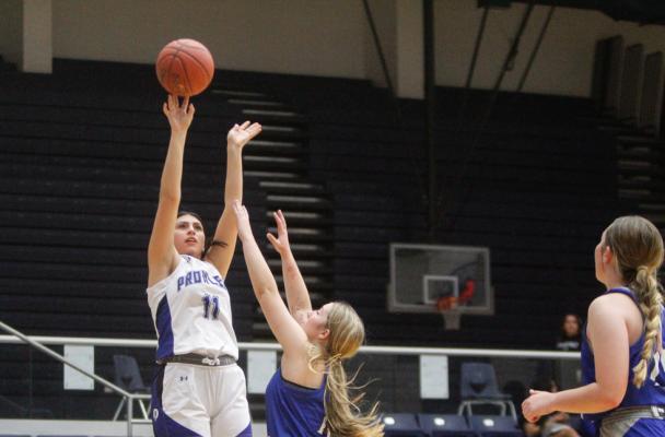 Senior Arial Smith (11) launches a two-point basket over a Lake View defender during Tuesday’s contest at home for the Prowlers. Photo by Nathan Heuer