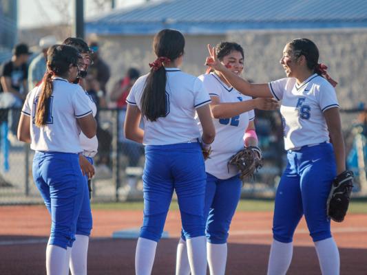 Fort Stockton’s Leilani Lopez (2) does a bit of foreshadowing by holding up two fingers during the Prowlers’ last home game against Andrews on March 25. The Prowlers secured their second win over Seminole on April 5. Photo by Nathan Heuer