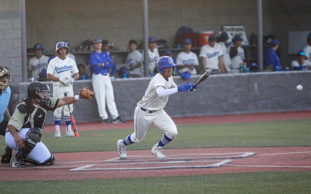 Adrian Hernandez jets his way to first base after making contact with a pitch during the Panthers home game on March 26.  Hernandez tied his season-high hit total with two singles on April 1 against Monahans. Photo by Nathan Heuer