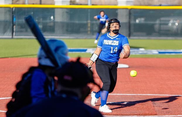 Alex Cook-Pineda releases a pitch during the Comanche Classic on Feb. 20. 2021 against Kermit. Cook-Pineda pitched in five different games for the Prowlers last season. Photo by Nathan Heuer
