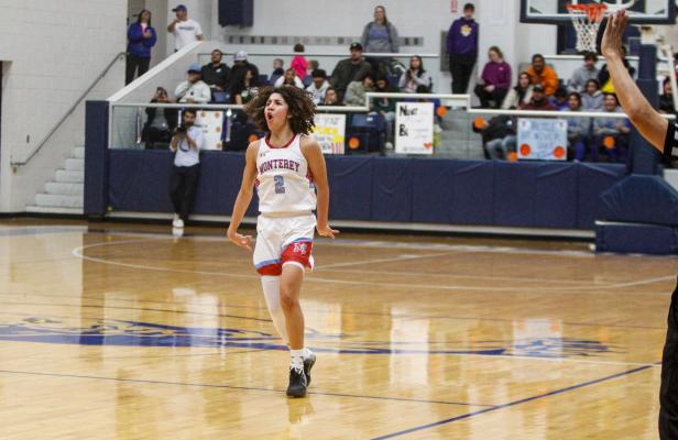 Monterey’s Aaliyah Chavez was ecstatic following a make of a 3-pointer, one of many the sensational sophomore made in the second half of Friday’s game against Burges. Chavez shot 60% from deep in the contest. Photo by Nathan Heuer