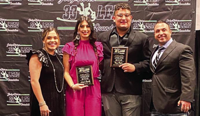 Fort Stockton seniors Arial Smith, middle left, and Cruz Rojas, middle right, were honored at Scholastic Athletes of the Year and scholarship recipients by the 33 Lead Foundation at a banquet this past weekend. Pictured with Smith and Rojas is Prowler head volleyball coach Gabrielle Harral, left, and Fort Stockton Athletic Director and football coach Jeremy Hickman. The Joby Flores “33 Lead” Foundation was founded by Joe Flores to continue the legacy of Joby Flores by helping and contributing to the success