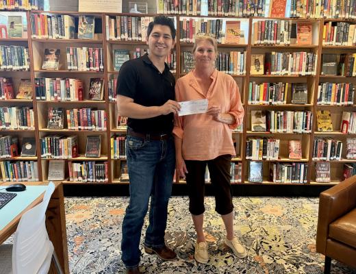 TransPecos Banks in support of the library’s efforts to provide school supplies to Marathon Independent School District. Pictured is Isaac Pizarro and Dara Cavness. Courtesy photo