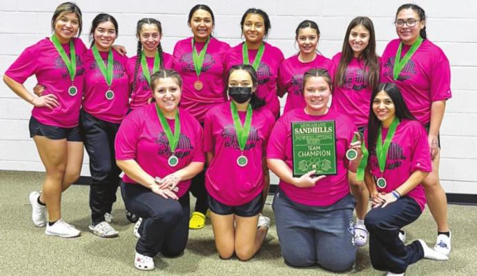 The Fort Stockton girls powerlifting team earned a team title in their first competition of the season on Jan. 15 at the Sandhills Invitational. Pictured back row, left to right: Yadira Hernandez, Arianna Balderas, Rosa Hernandez, Alessandra Sanchez, Daeja Dominguez, Janean Gonzalez, Liz Bislar, and Beverly Baeza. Front row: Izabella Diaz, Leilani Enriquez, Tori Wilkins, Gabby Renteria. Courtesy Photo